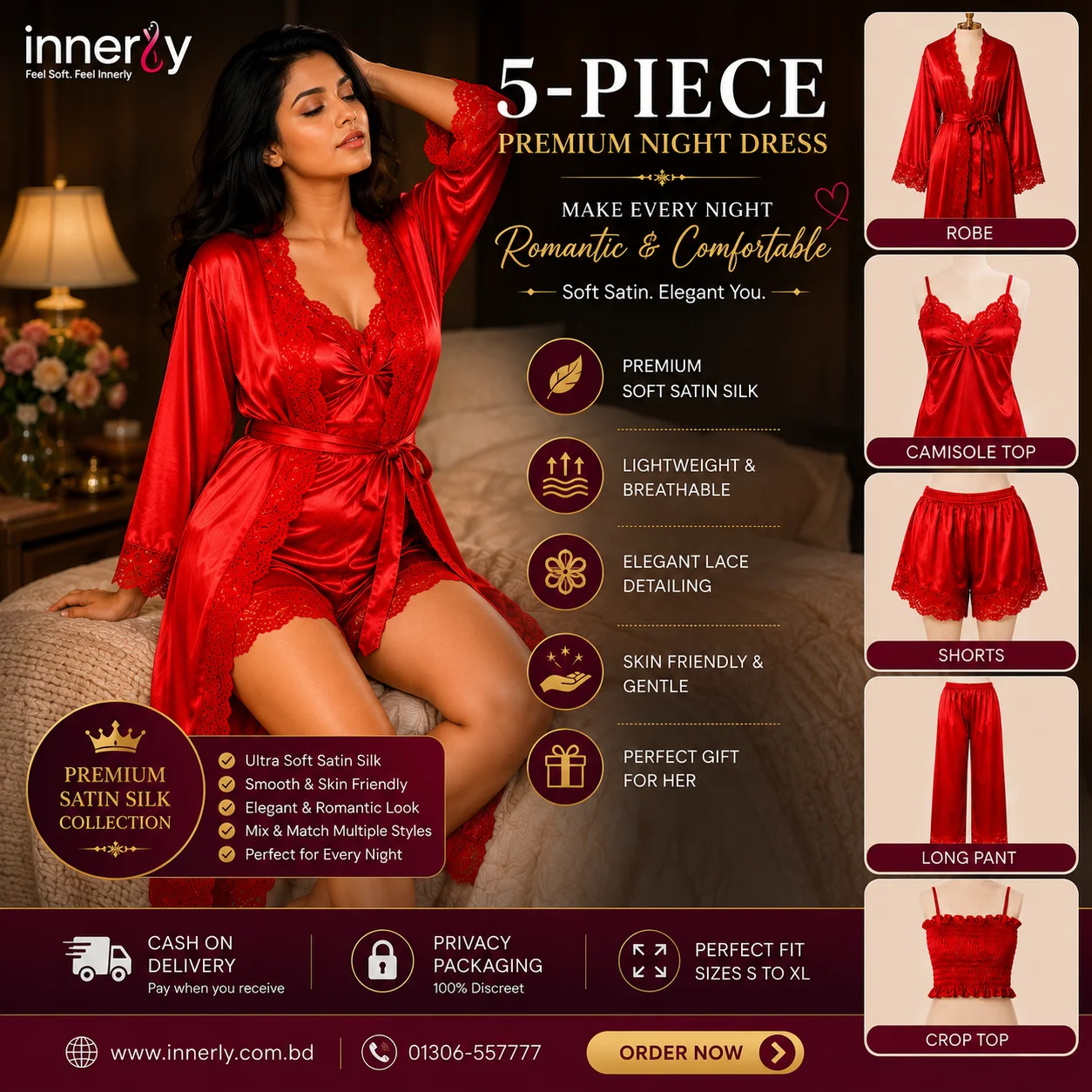 5 Part Premium Nightwear - Red Color